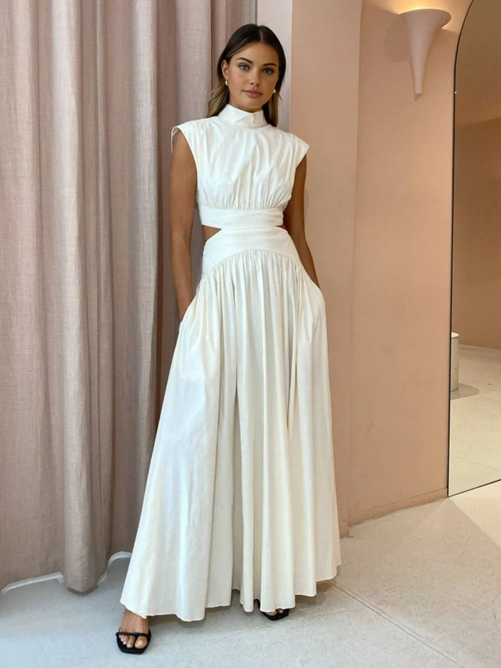 Women's Mock Neck Cut-Out Maxi Dress - Pleated Skirt