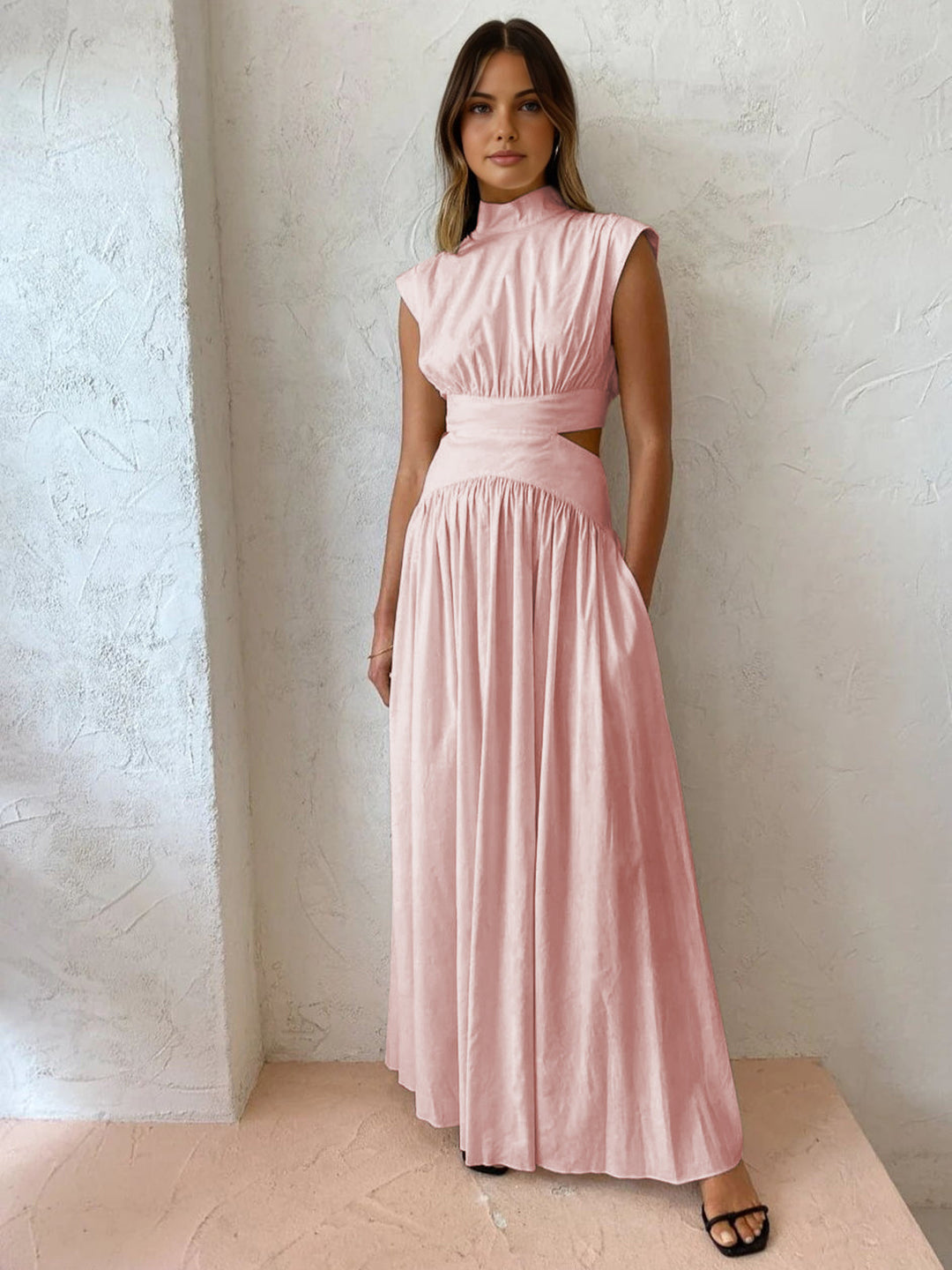 Women's Mock Neck Cut-Out Maxi Dress - Pleated Skirt