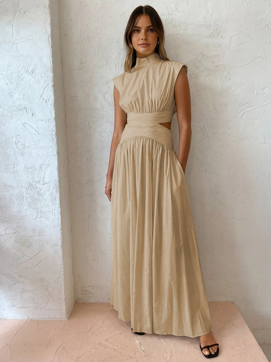 Women's Mock Neck Cut-Out Maxi Dress - Pleated Skirt