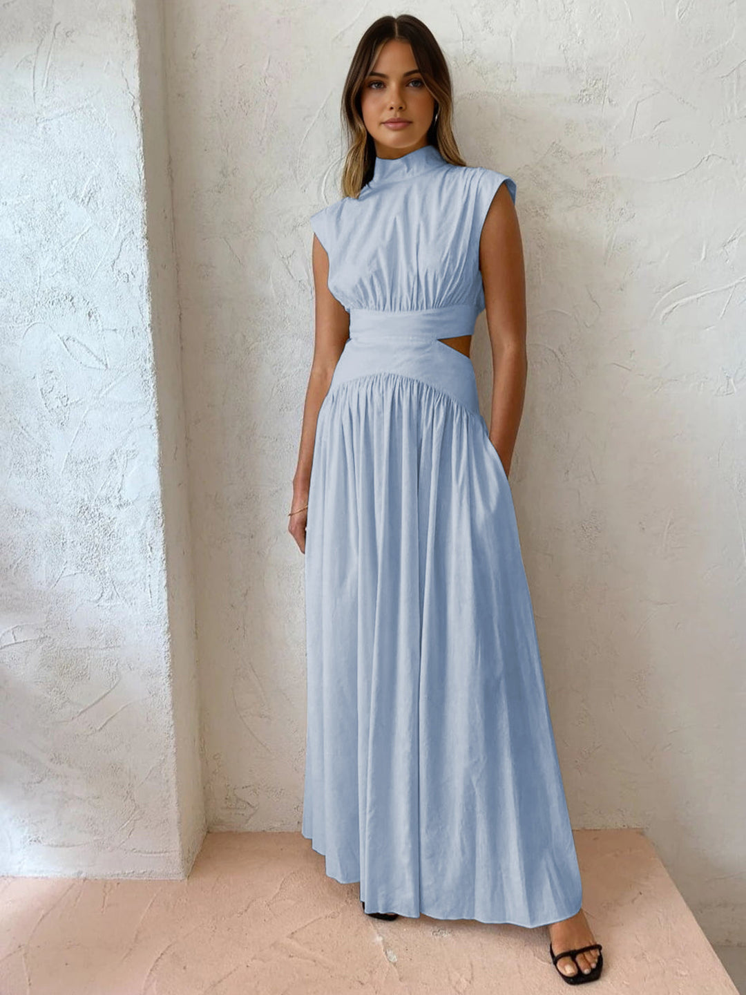 Women's Mock Neck Cut-Out Maxi Dress - Pleated Skirt