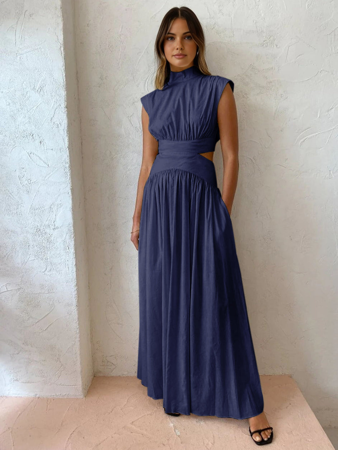 Women's Mock Neck Cut-Out Maxi Dress - Pleated Skirt