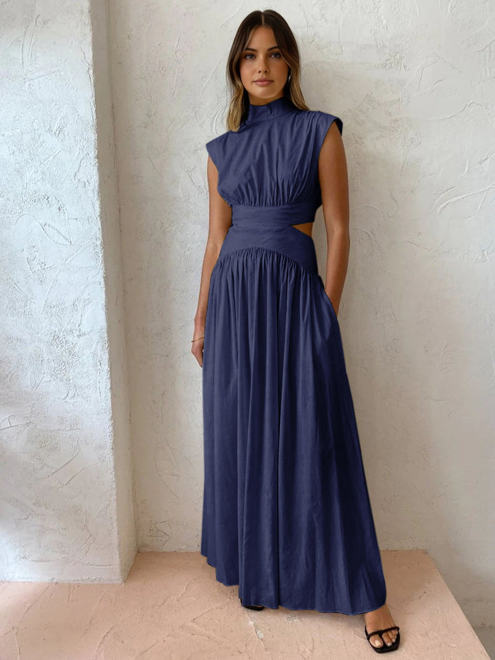 Women's Mock Neck Cut-Out Maxi Dress - Pleated Skirt