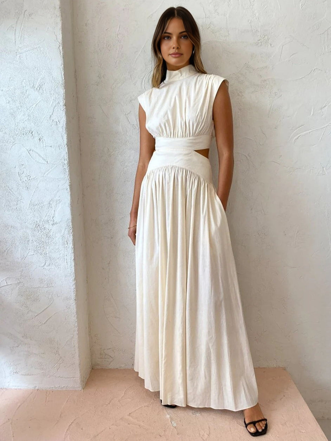 Women's Mock Neck Cut-Out Maxi Dress - Pleated Skirt