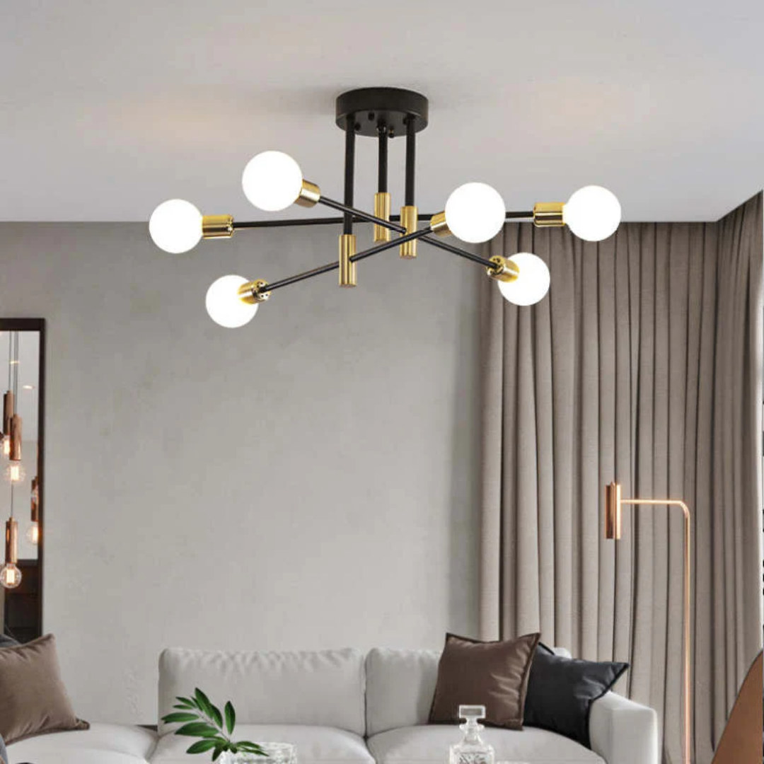 High-end LED ceiling light fixture in a modern black and gold theme