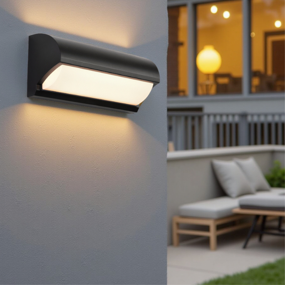 Sleek modern black LED wall light, perfect for outdoor patio illumination, garden decor, and entryway.