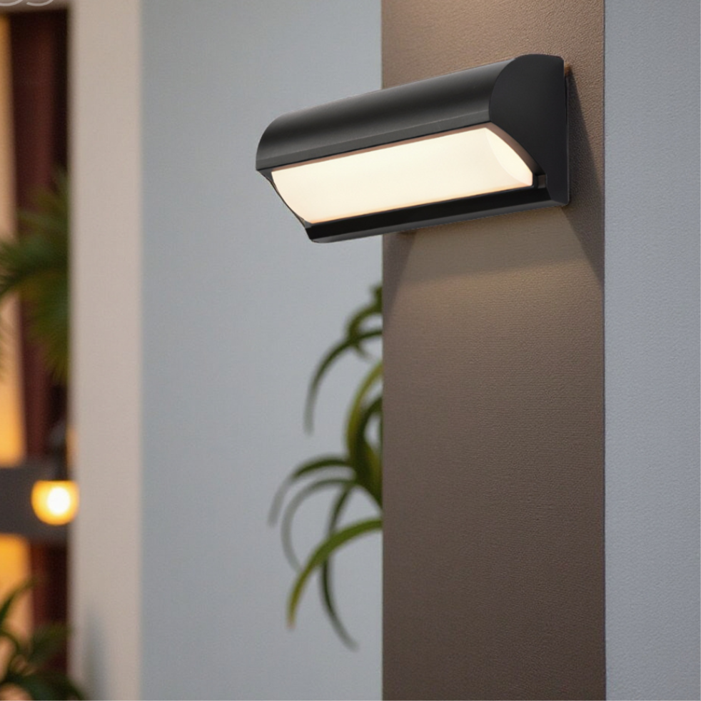 Modern black LED wall light enhances outdoor safety & decor for gardens, patios, and driveways.