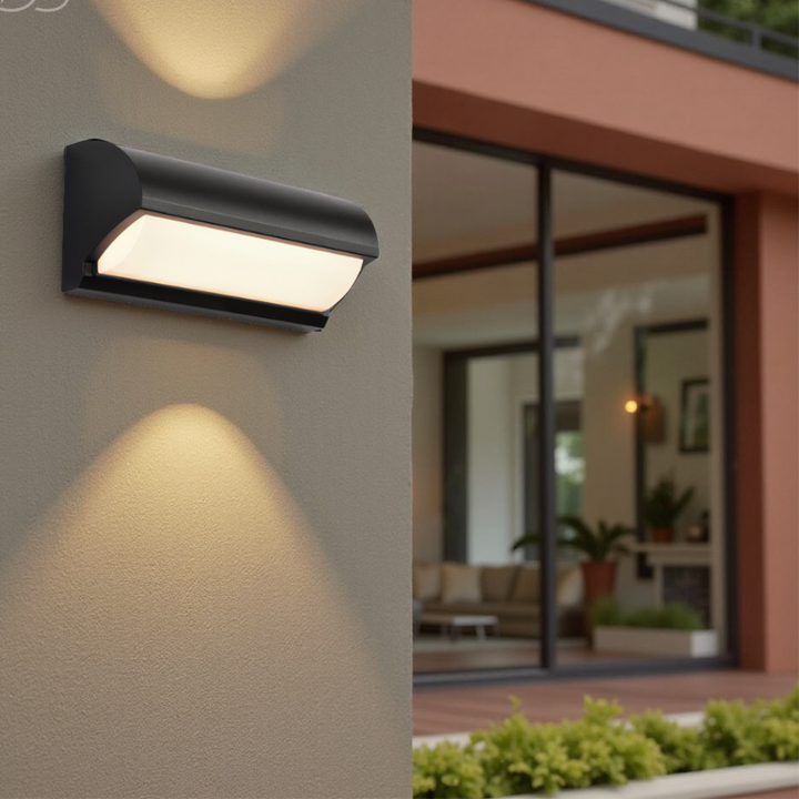 Black modern LED outdoor wall light. Weatherproof exterior garden, patio, and entryway illumination.