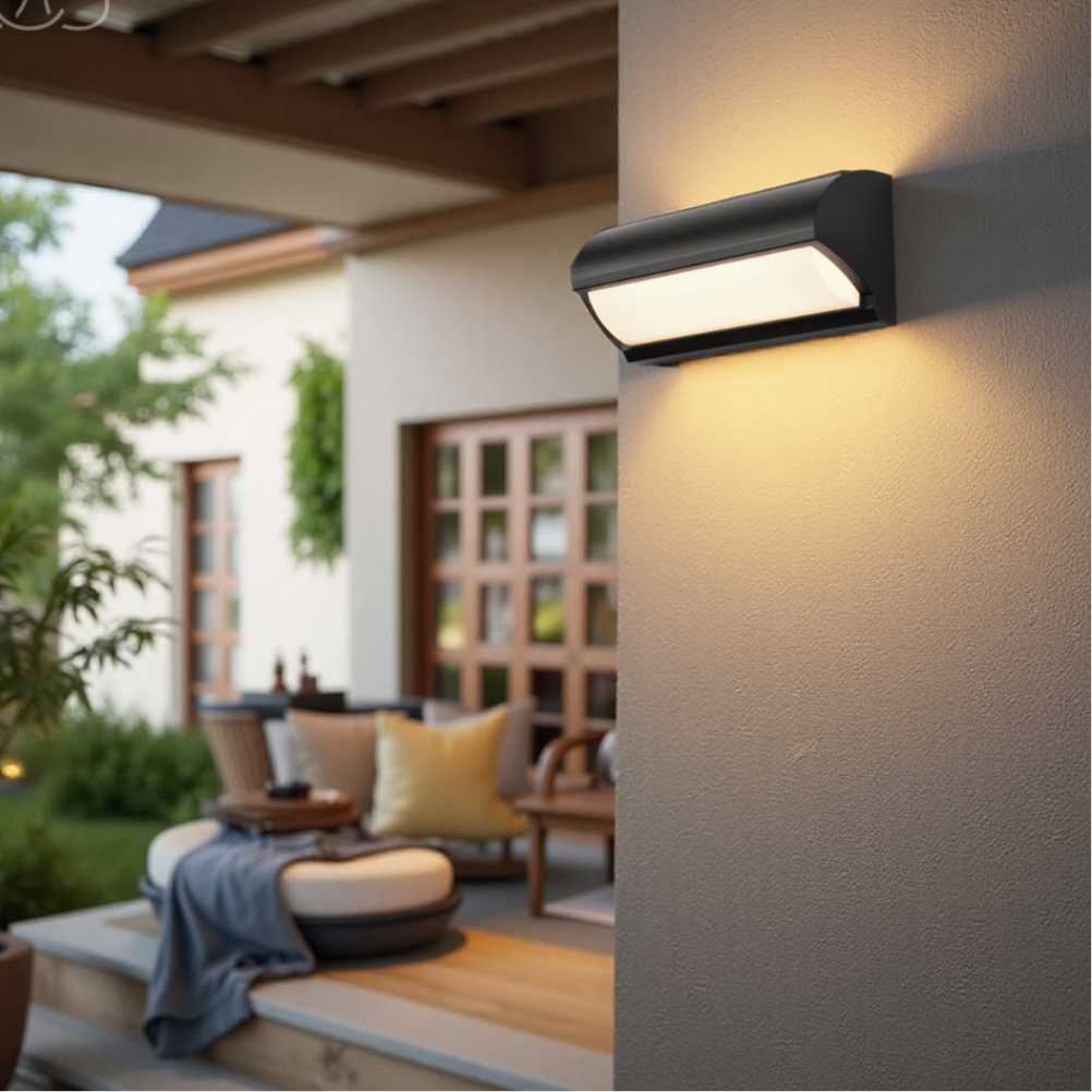 Warm white energy-efficient black LED wall light for modern outdoor patio, garden decor, and home safety.