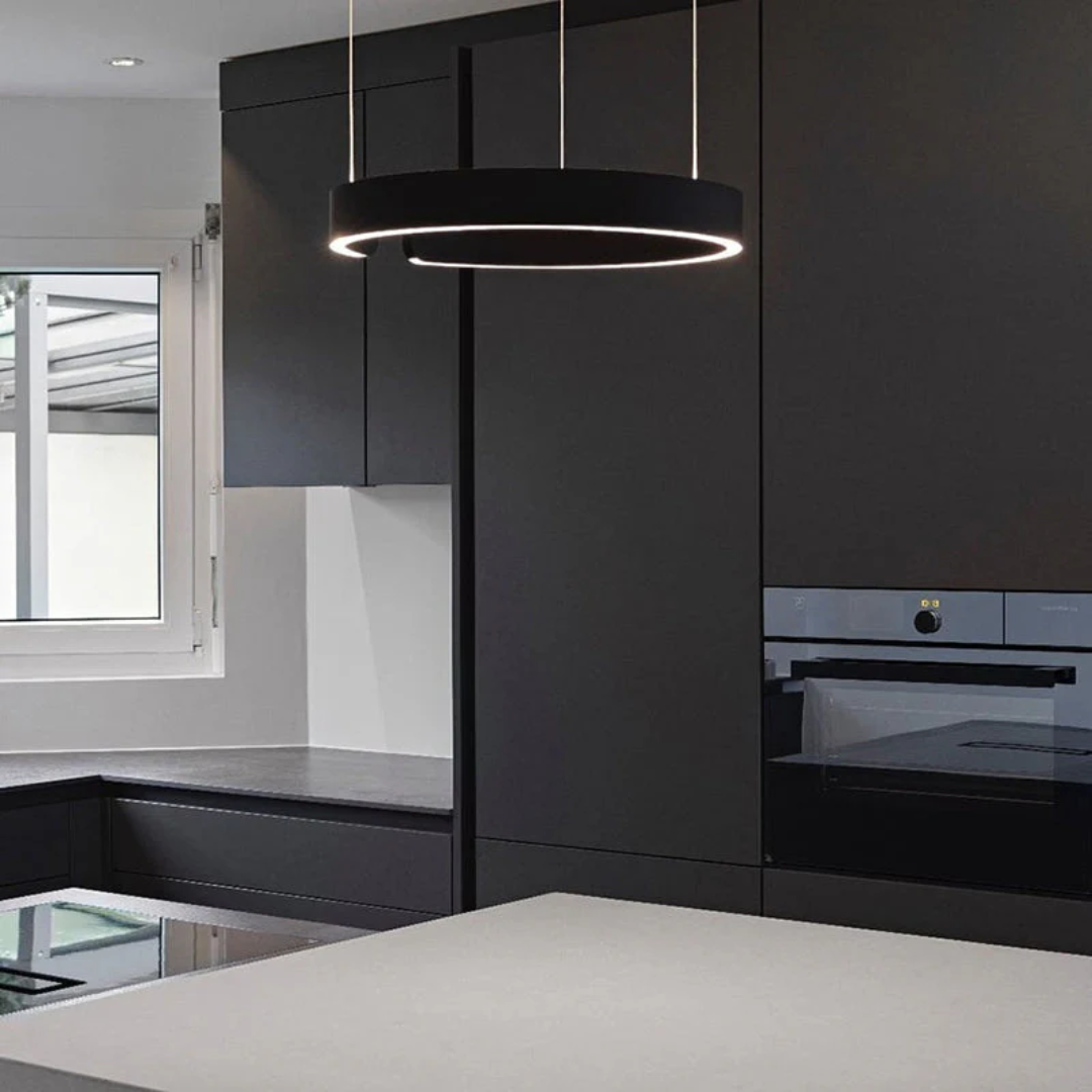 Clean white LED circle pendant light, modern dimmable ceiling fixture, perfect for minimalist decor.