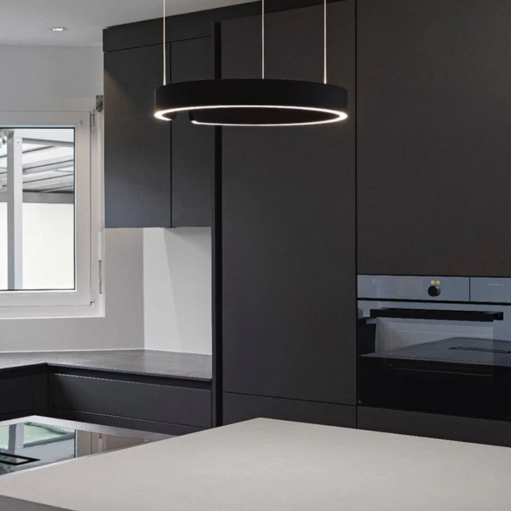 Clean white LED circle pendant light, modern dimmable ceiling fixture, perfect for minimalist decor.