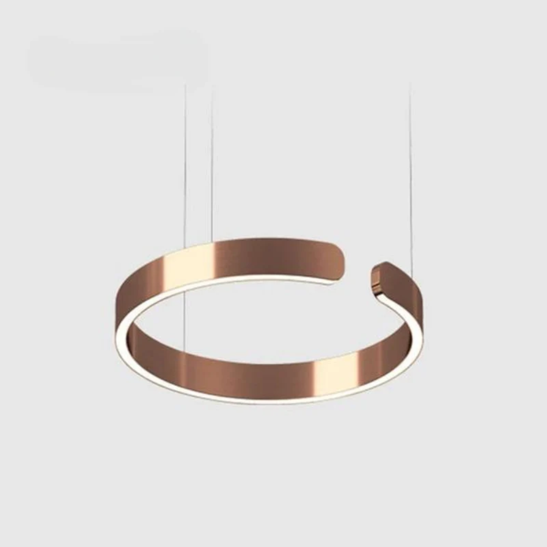 Elegant gold LED HaloRing pendant light, modern dimmable ceiling fixture for contemporary dining rooms.