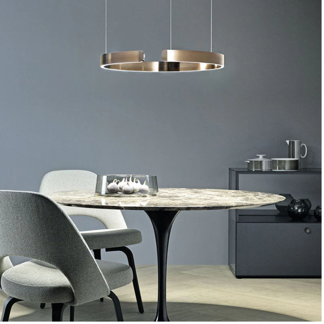 Rosegold LED circle pendant light, dimmable modern ceiling fixture for stylish living room decor.