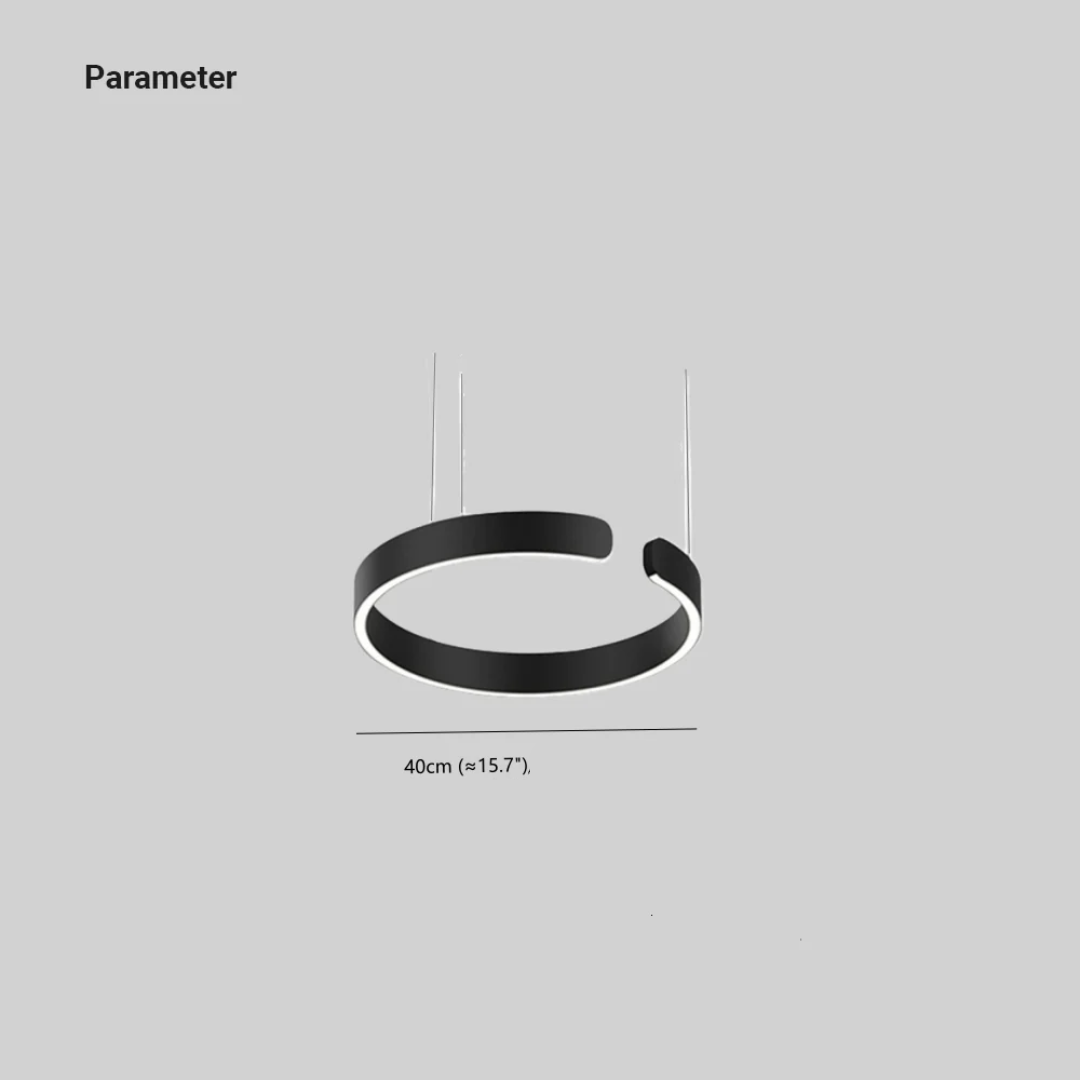 Dimmable modern LED HaloRing pendant light, elegant circle ceiling fixture for contemporary living rooms.
