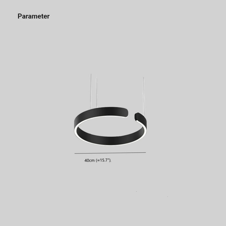 Dimmable modern LED HaloRing pendant light, elegant circle ceiling fixture for contemporary living rooms.