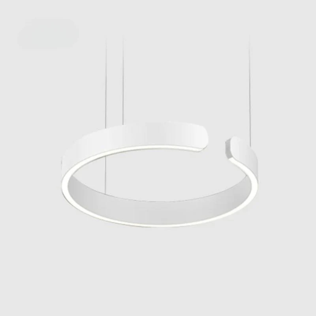 Sleek black LED HaloRing pendant light, dimmable modern ceiling fixture for contemporary dining spaces.