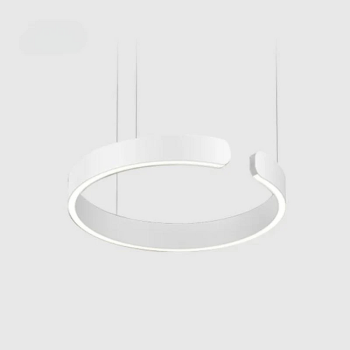 Sleek black LED HaloRing pendant light, dimmable modern ceiling fixture for contemporary dining spaces.