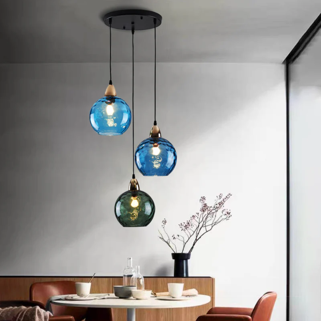 Contemporary adjustable 3-lamp pendant light, LED cluster for home interior design.