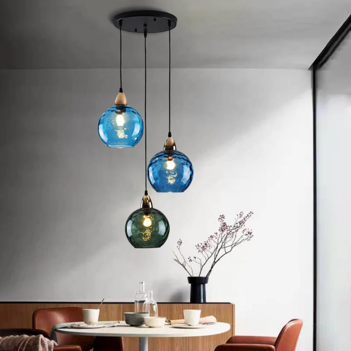 Contemporary adjustable 3-lamp pendant light, LED cluster for home interior design.