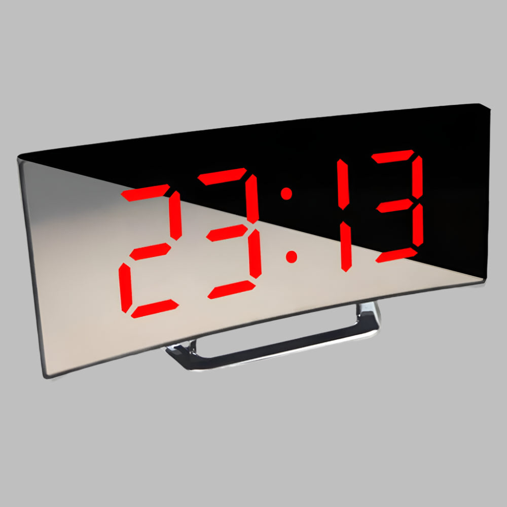Modern curved LED alarm clock with large snooze button, perfect bedroom clock.