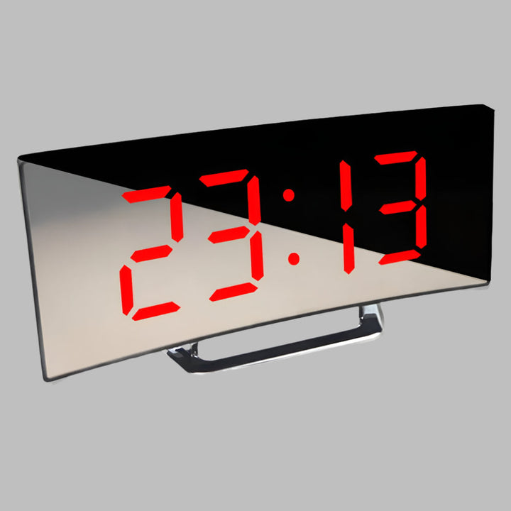Modern curved LED alarm clock with large snooze button, perfect bedroom clock.