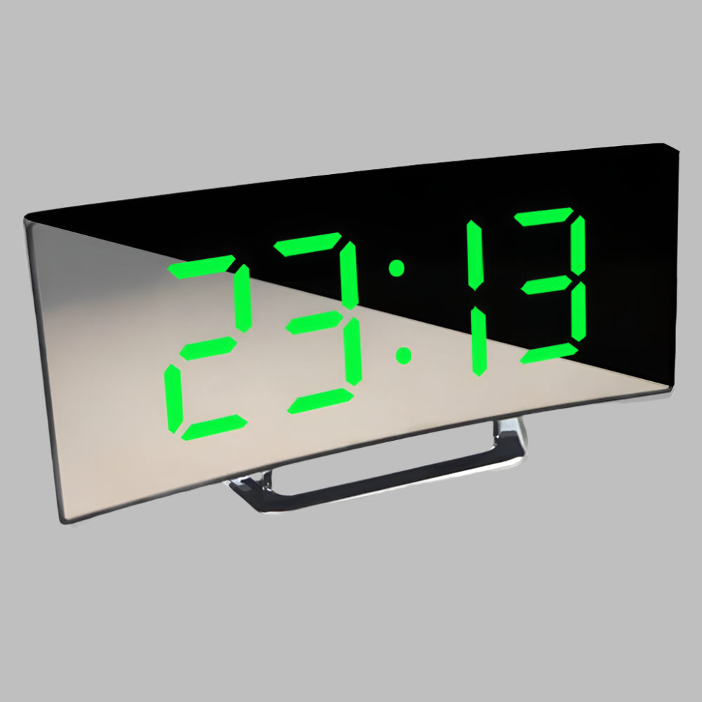 White curved LED alarm clock displaying time, ideal as a modern desk clock.