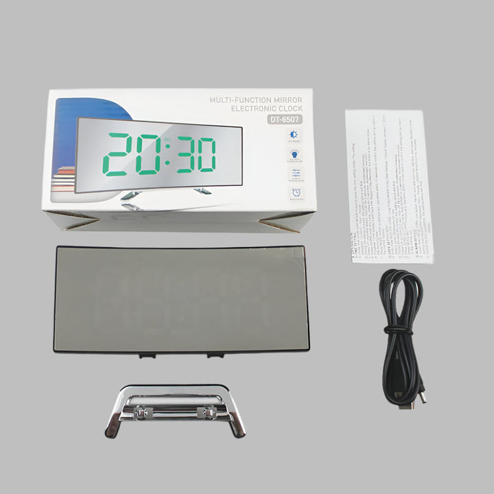 Bedroom digital alarm clock with a contemporary curved LED display and snooze.