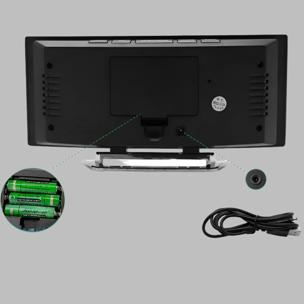 Stylish modern alarm clock featuring a curved LED screen and convenient snooze function.
