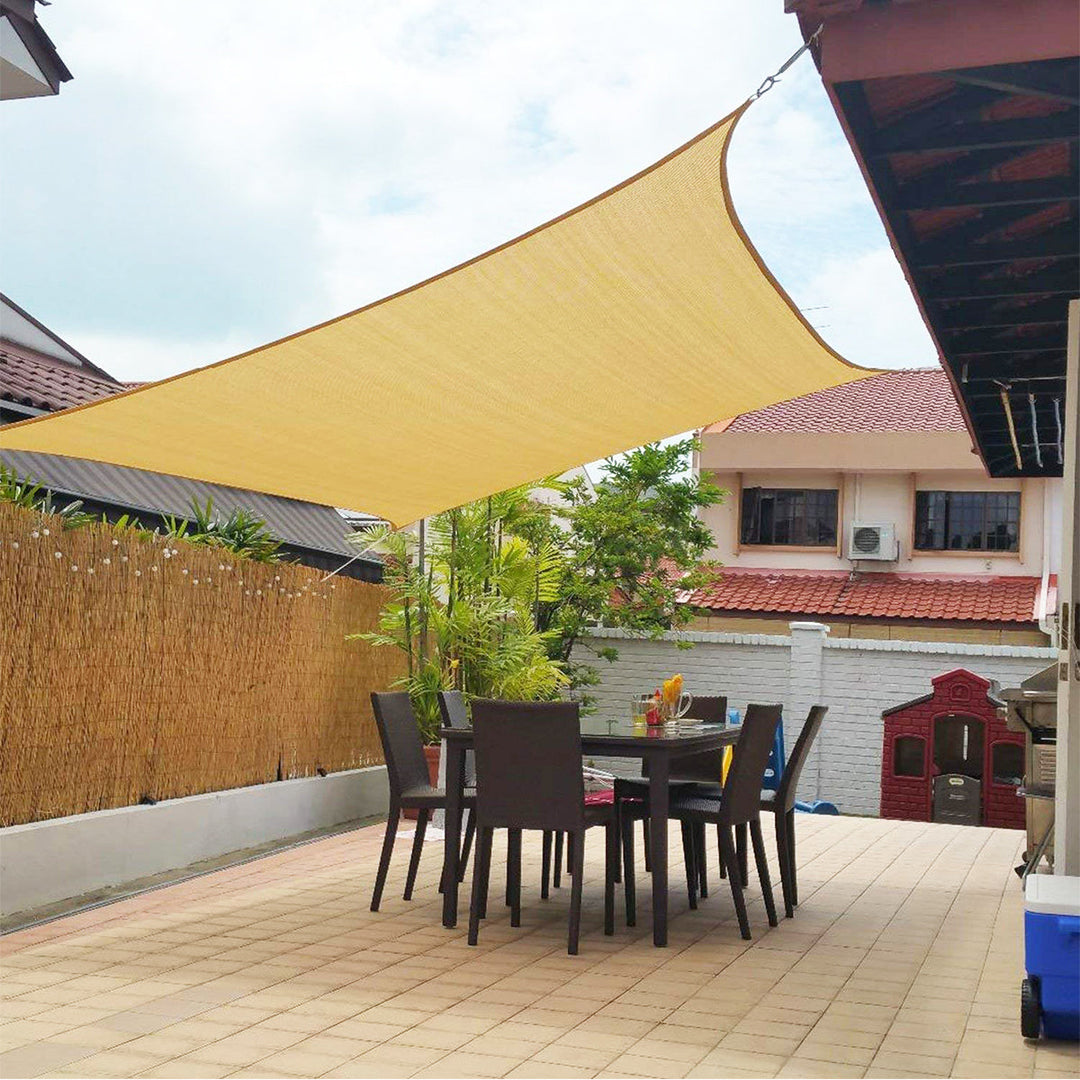 Modern garden shade sail. Weather resistant outdoor canopy provides UV and sun protection for any garden space.