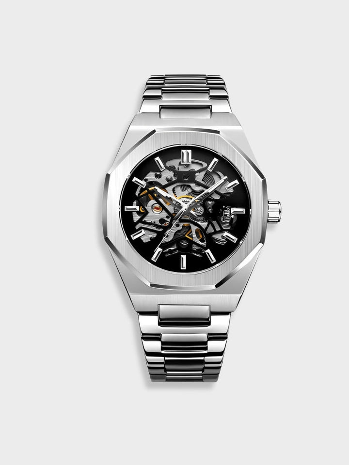 Men's modern automatic watch with a sophisticated skeleton dial, showcasing intricate movement.