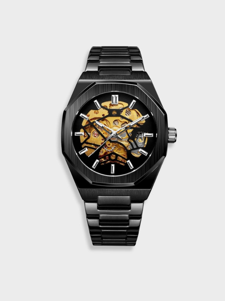 Elegant men's luxury automatic skeleton watch with a timeless open-heart design for modern style.