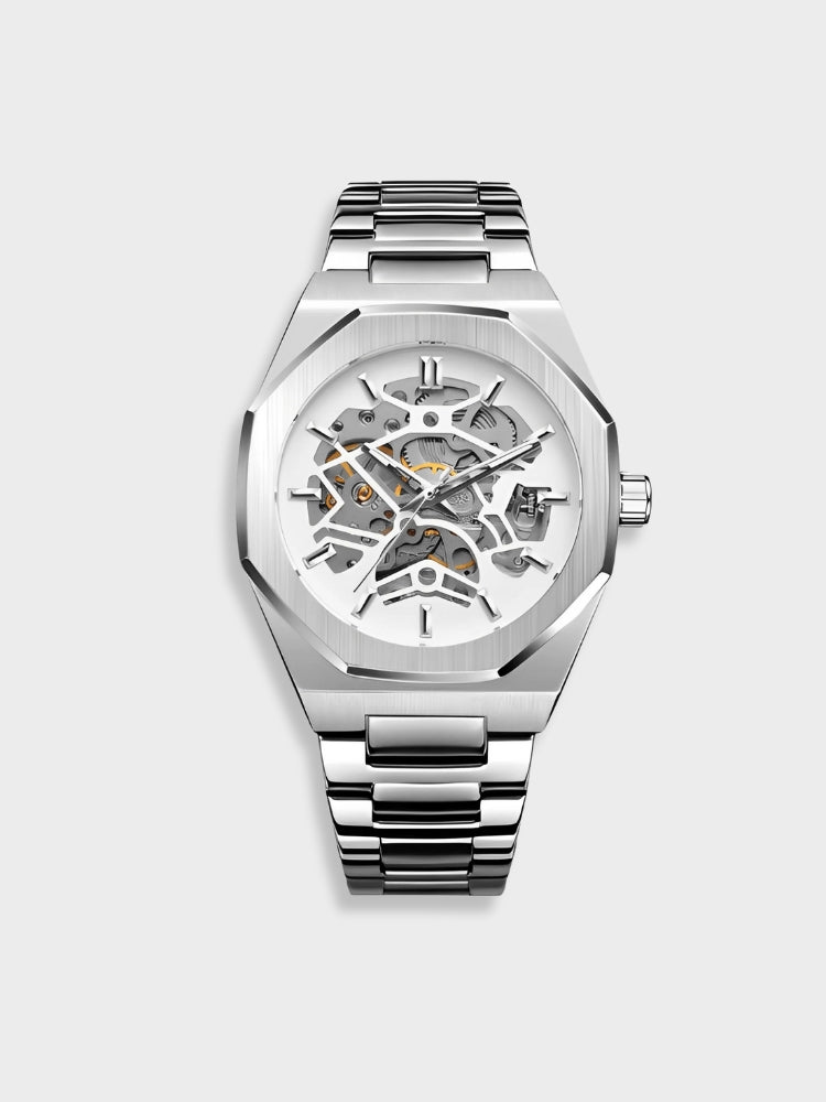 Close-up of a men's automatic skeleton dial watch, revealing intricate gears and modern mechanical design.