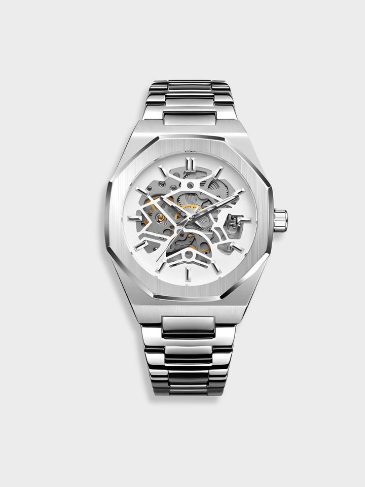 Close-up of a men's automatic skeleton dial watch, revealing intricate gears and modern mechanical design.