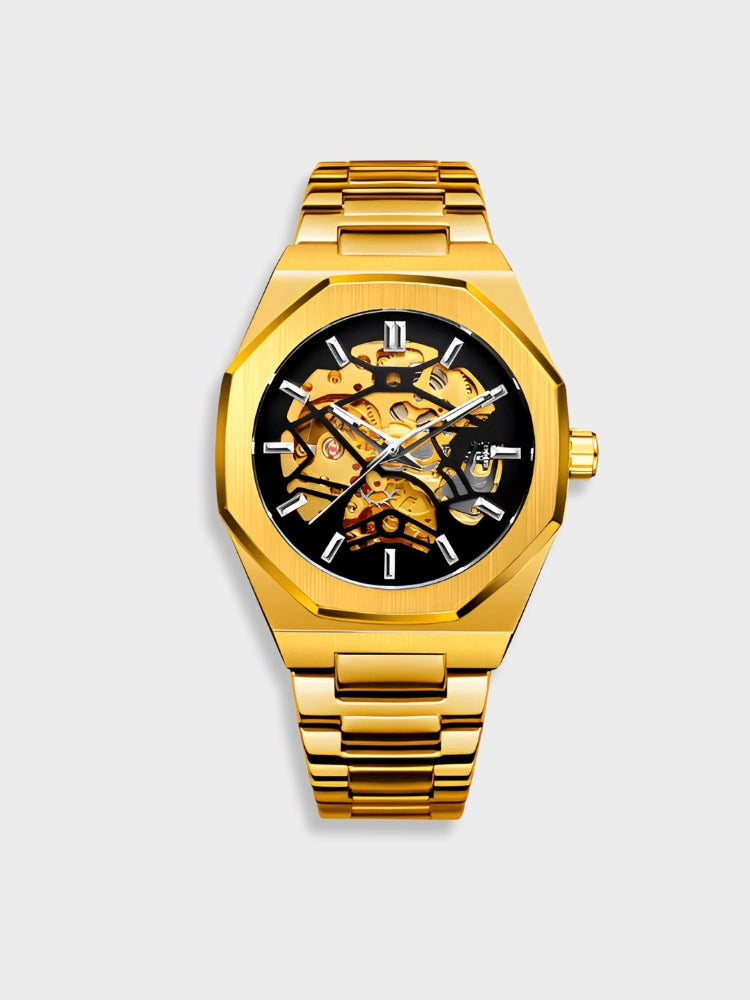 Stylish men's automatic wrist watch with a striking skeleton dial, adding sophistication to any modern outfit.