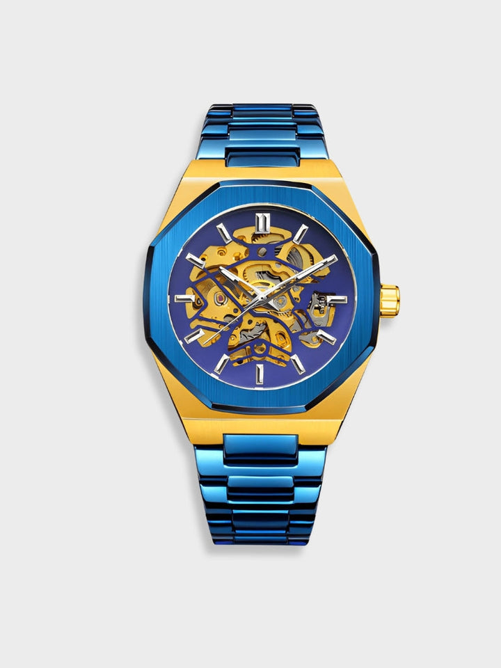 Durable men's automatic watch with a modern skeleton dial, showcasing robust construction and elegant aesthetic.