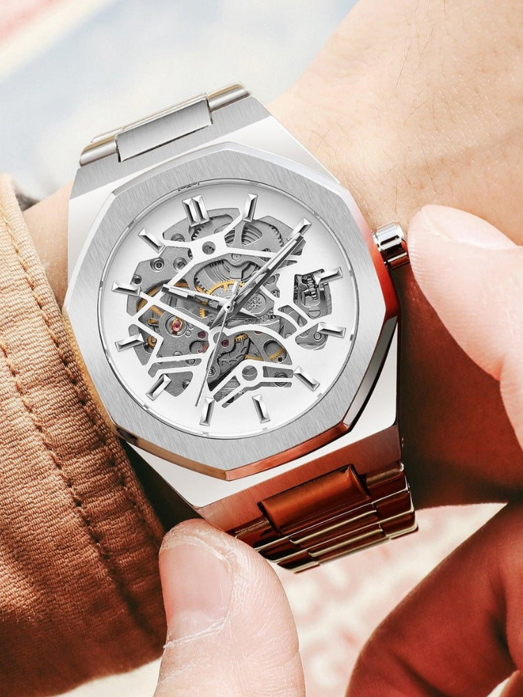 Sophisticated men's automatic watch featuring an exposed skeleton dial, a timeless and modern accessory.