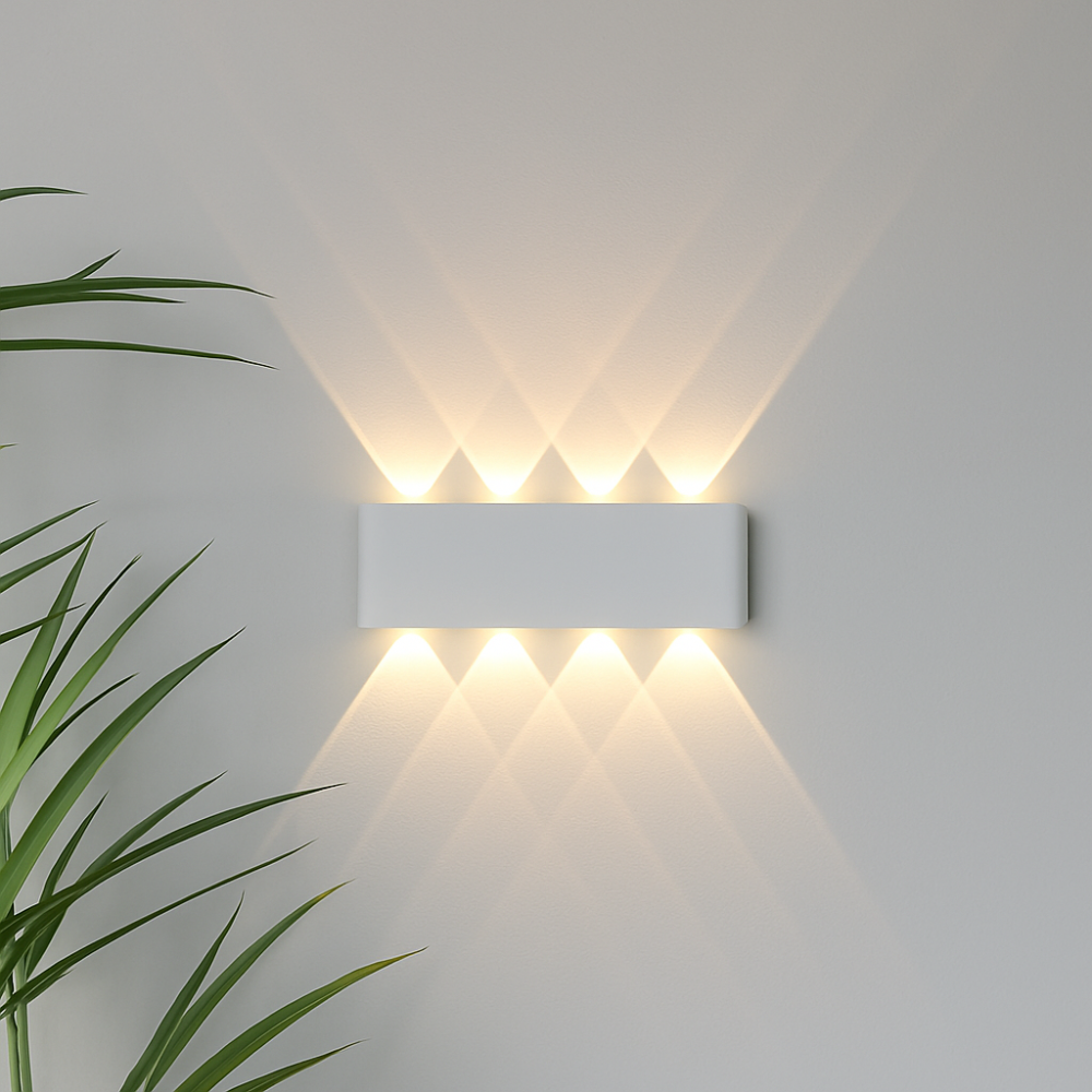 Bright modern LED wall light, offering ambient illumination for both indoor and exterior home decor.