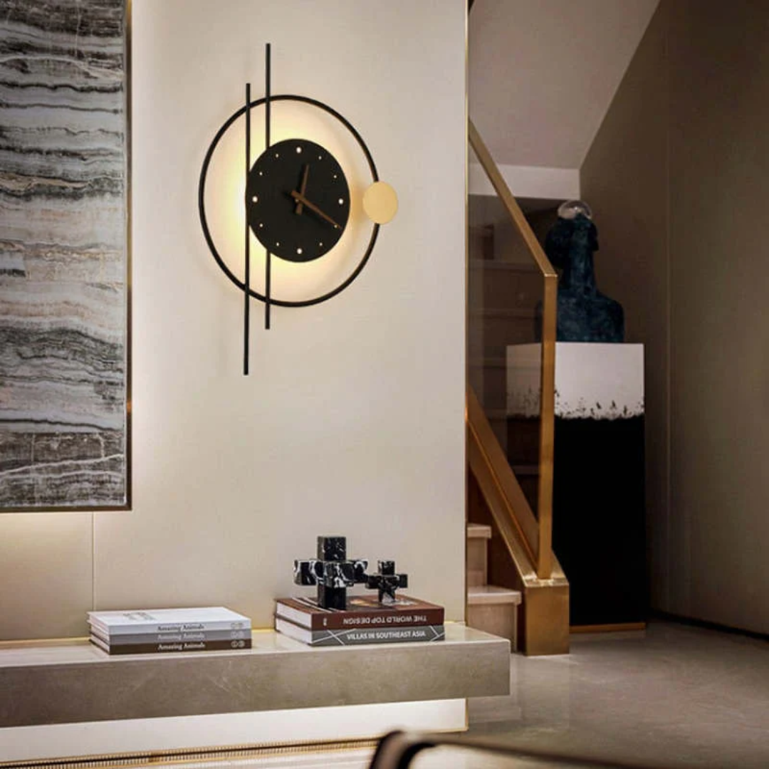 Modern LED wall clock with integrated lamp, offering both precise time and beautiful ambient light for living spaces.