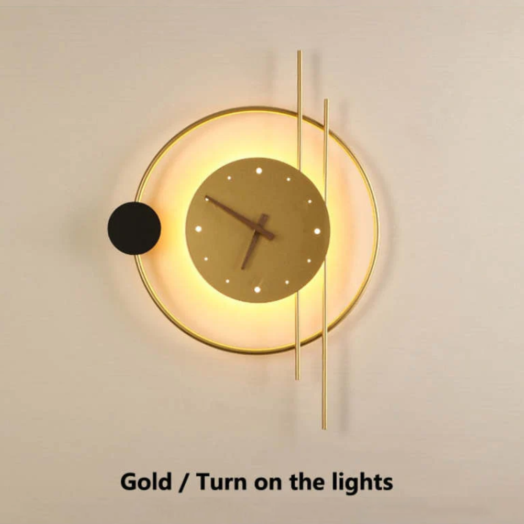 Sleek modern LED wall clock, providing both accurate time and soft ambient lighting for home decor.