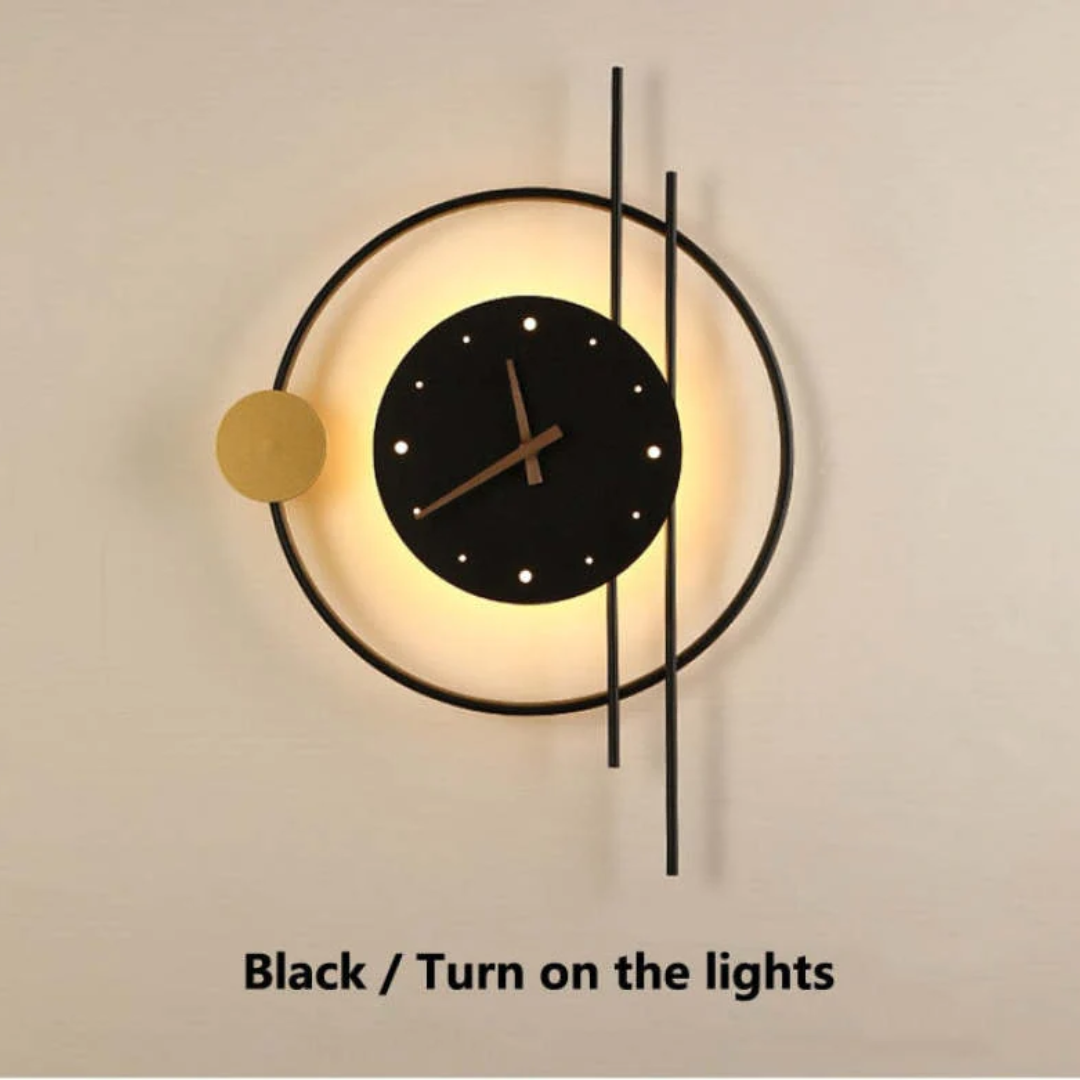 LED wall clock and lamp combo, a modern timepiece offering warm home lighting for stylish living room decor.