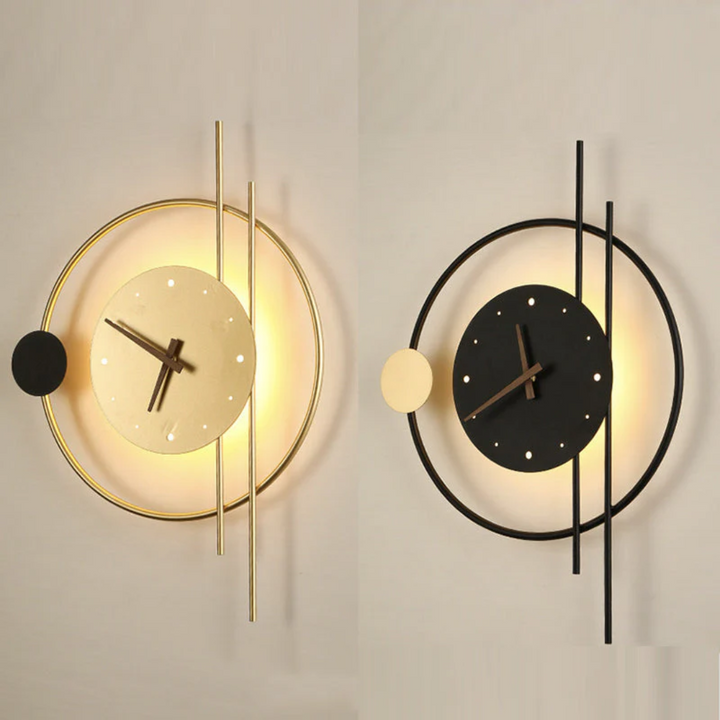 Modern LED wall clock lamp, a stylish timepiece and ambient lighting for elegant living room decor.