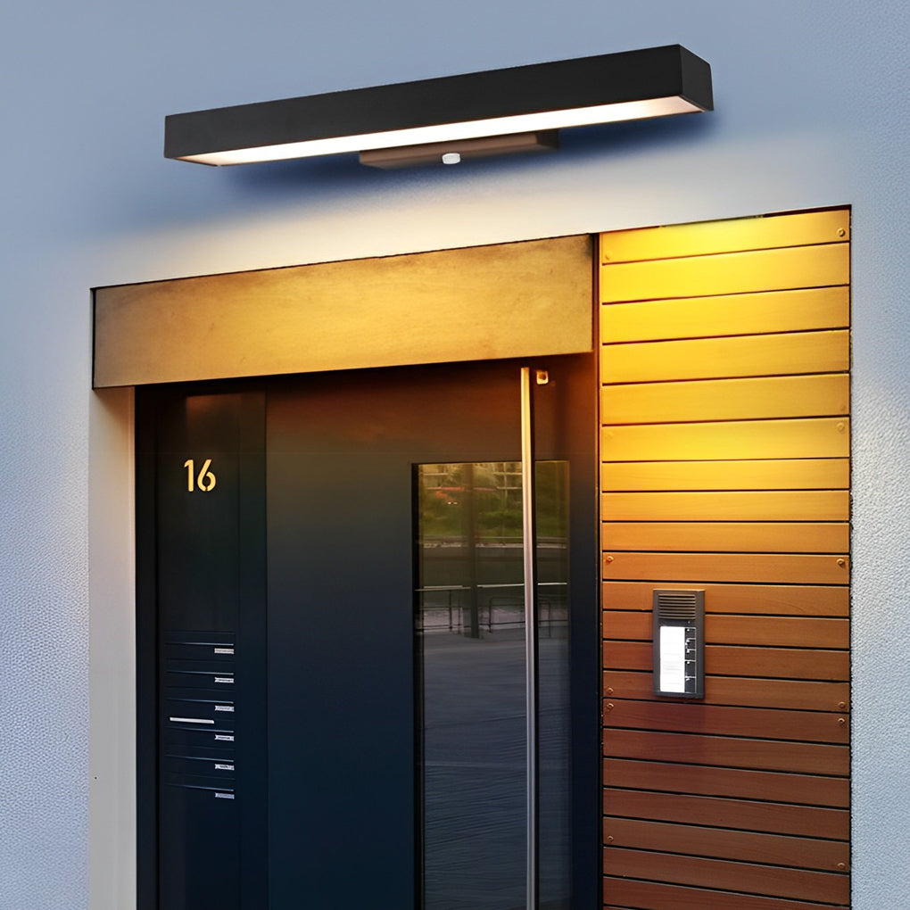 Black LED motion sensor wall lamp, modern exterior light for smart home security and energy saving.