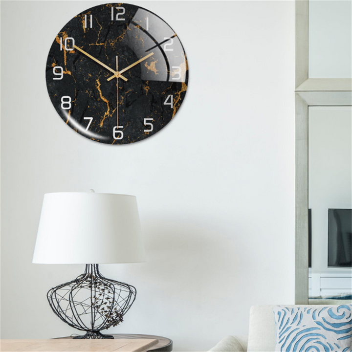 Chic bedroom wall clock, modern marble design, silent mechanism, perfect for peaceful home decor.