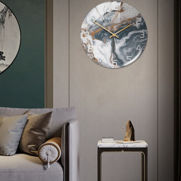 Silent modern wall clock with marble style, a decorative and elegant timepiece for any room decor.