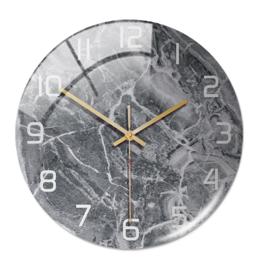 Decorative modern wall clock, marble pattern, silent mechanism, enhances living room aesthetic.