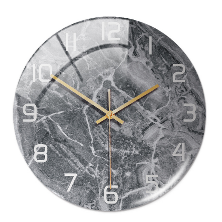 Decorative modern wall clock, marble pattern, silent mechanism, enhances living room aesthetic.