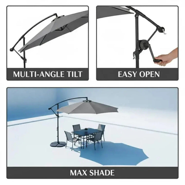 Modern black patio umbrella featuring an easy-to-use crank system for quick sun shade adjustment.