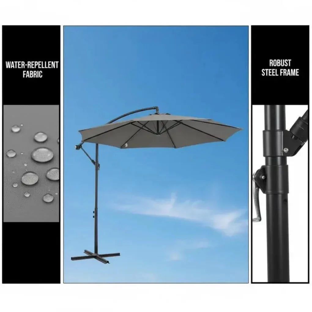 Stylish black outdoor parasol enhancing backyard living, offering cool shade with a convenient crank mechanism.