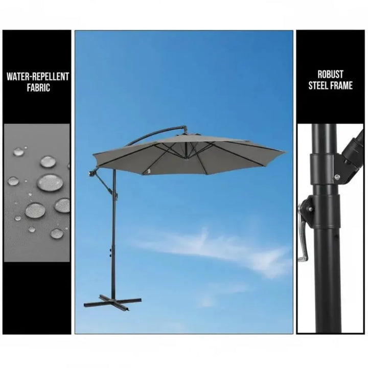 Stylish black outdoor parasol enhancing backyard living, offering cool shade with a convenient crank mechanism.