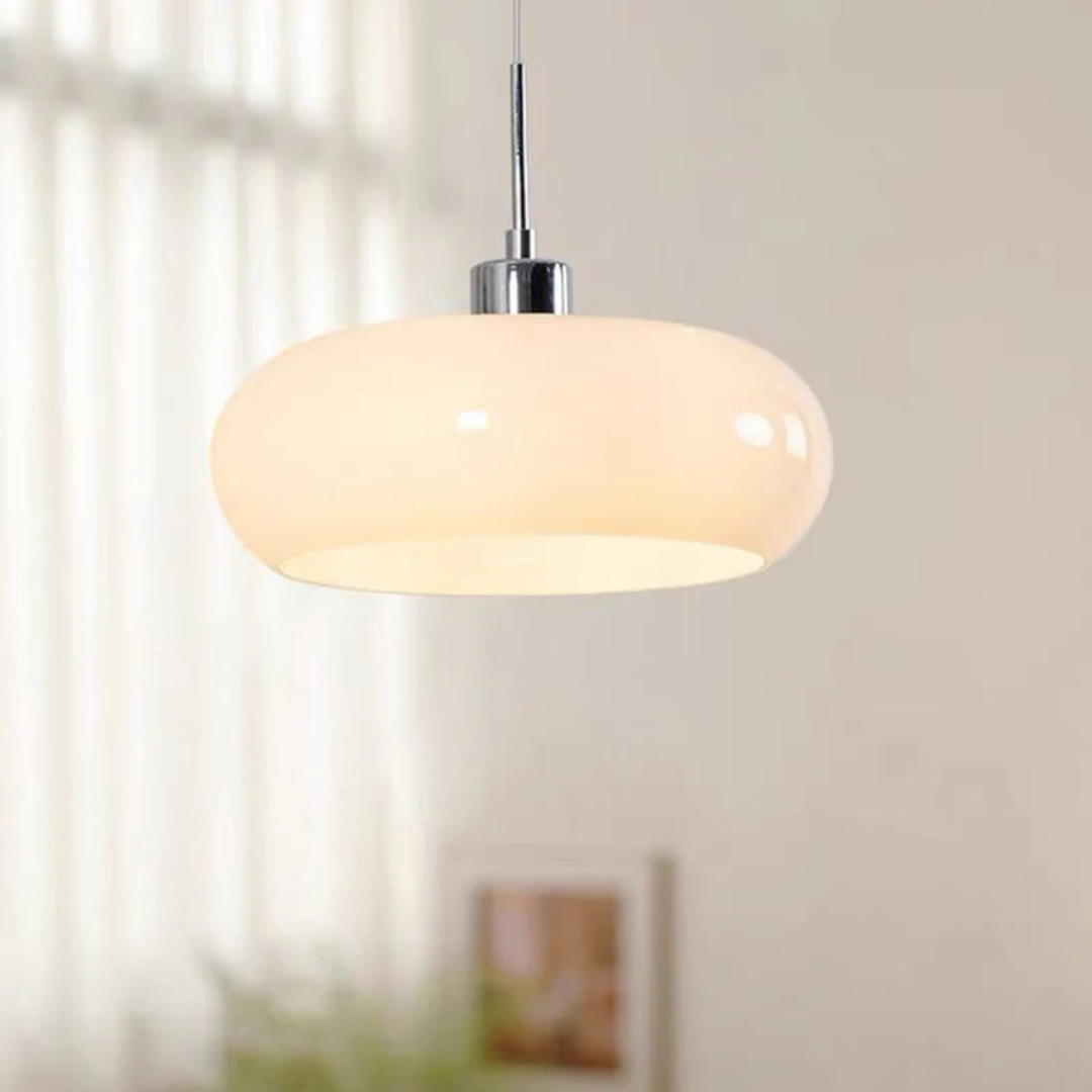 RadianceOrb round LED pendant light, warm white. Perfect modern lighting for living room or bedroom.