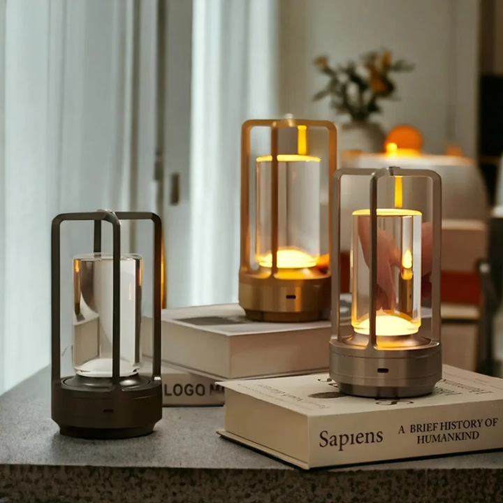 Sleek black Scandinavian LED table lamp, rechargeable and providing ambient light